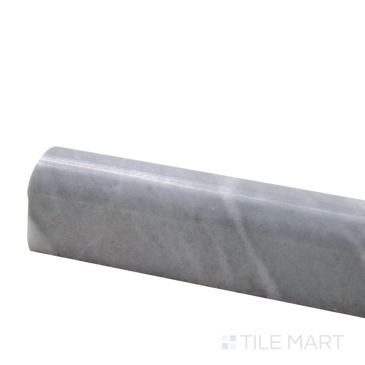 Corner shot of Sto-Re Bardiglio 0.75X12 Polished Marble Pencil, featuring its deep gray tone and sleek polished finish for a refined trim accent.