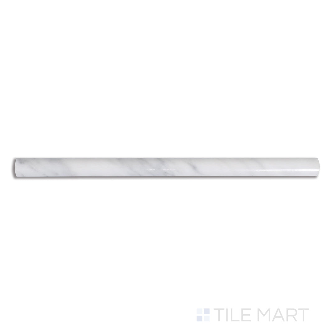 Overhead shot of Sto-Re Carrara 0.75X12 Polished Marble Pencil, showcasing a bright white background with soft grey veining for a timeless marble accent.