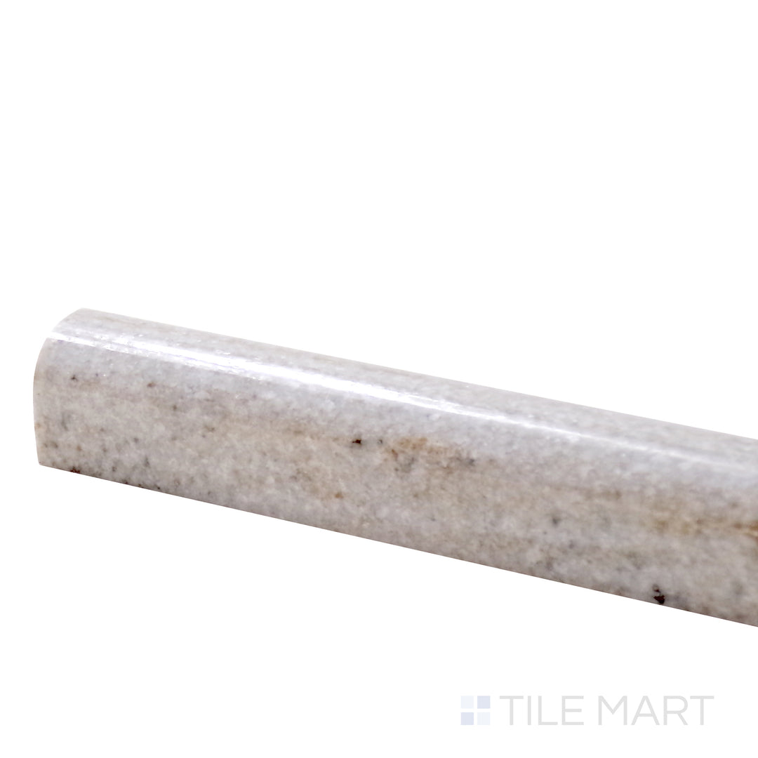 Close-up corner image of Sto-Re Ocean White 0.75X12 Polished Marble Pencil, highlighting its subtle off-white hue and smooth polished surface.