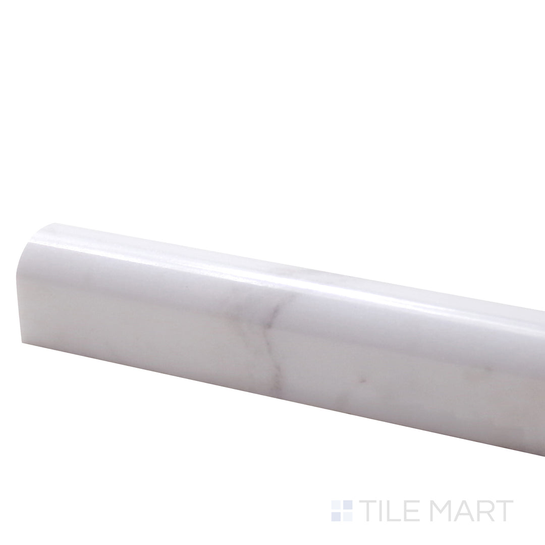 Detailed corner shot of Sto-Re Volakas 0.75X12 Polished Marble Pencil, emphasizing its elegant light gray veining on a crisp white background.