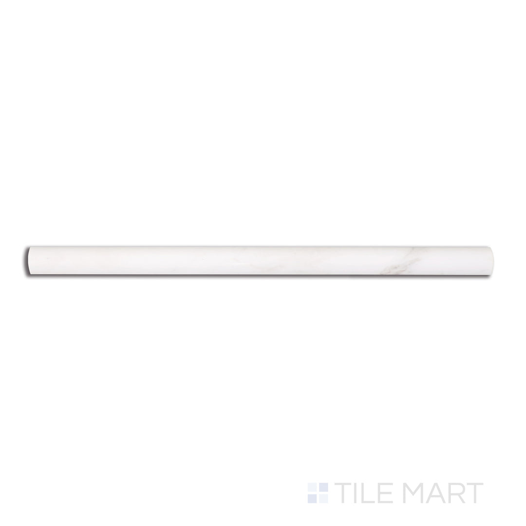 Aerial perspective of Sto-Re Volakas 0.75X12 Polished Marble Pencil, presenting a clean white finish with delicate grey veining for a sleek, polished edge.