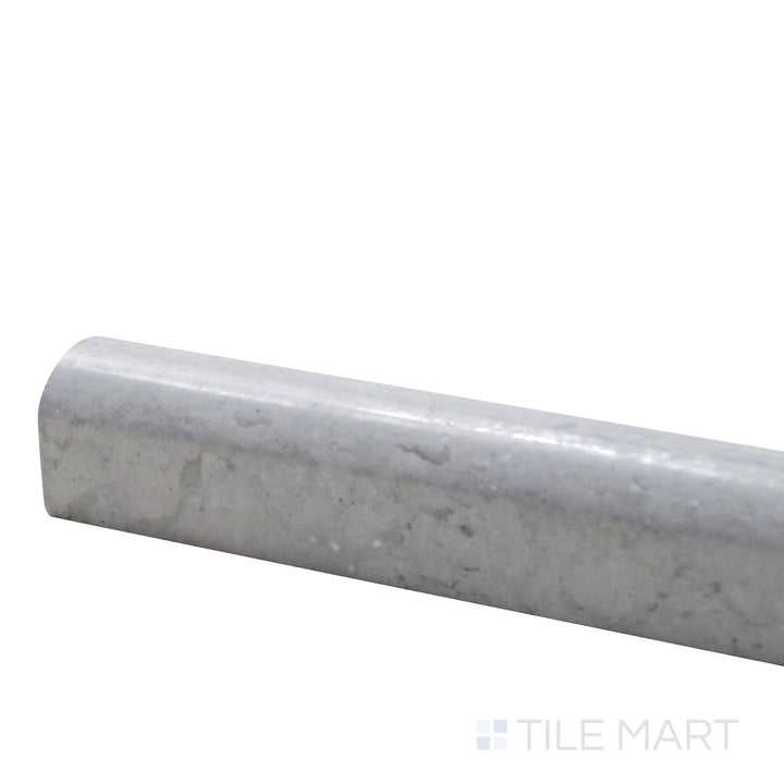 Side angle of Sto-Re Wooden Blue 0.75X12 Polished Marble Pencil, capturing its unique blue-gray tones and high-shine finish for a modern accent.