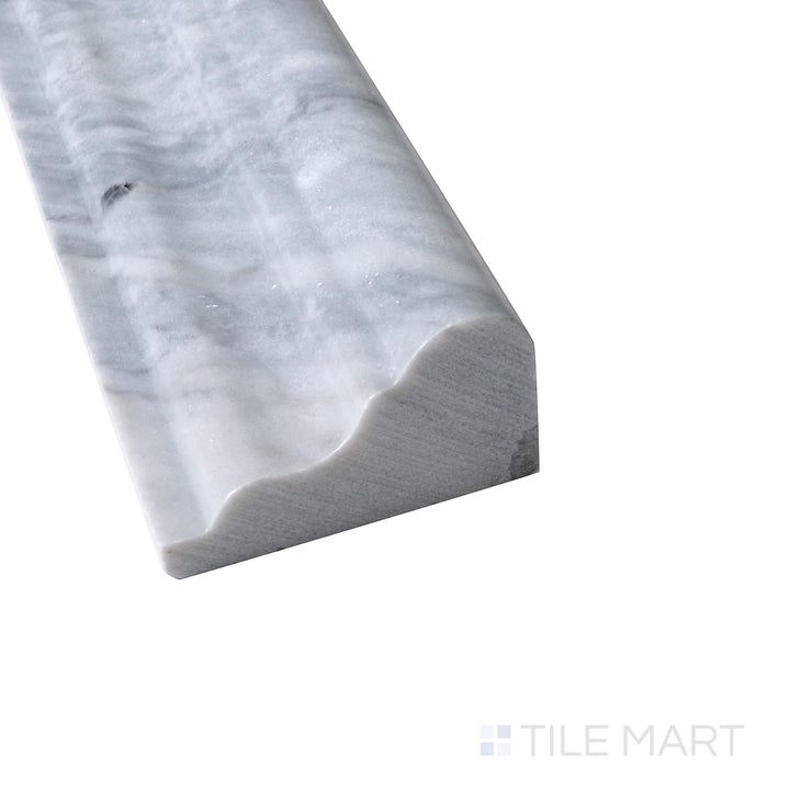 Angled view showcasing the bold presence of Sto-Re Bardiglio 2.5X12 Polished Marble Chair Rail, elevating interiors with depth and luxury.