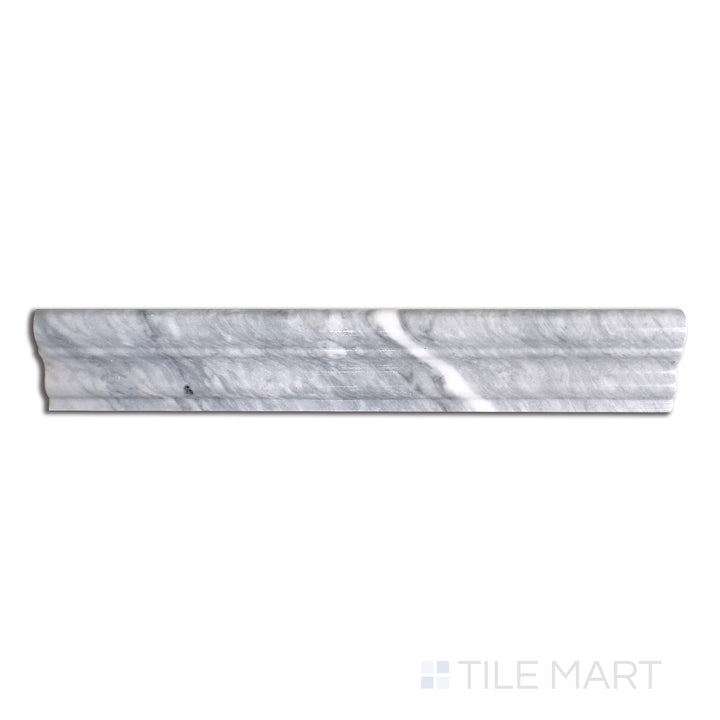 Close-up of Sto-Re Bardiglio 2.5X12 Polished Marble Chair Rail, featuring a rich grey marble with distinctive veining for a sophisticated decorative trim.