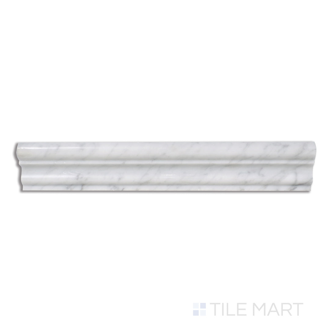 Overhead image of Sto-Re Carrara 2.5X12 Polished Marble Chair Rail, showcasing a polished Carrara marble chair rail with subtle veining and a refined finish.