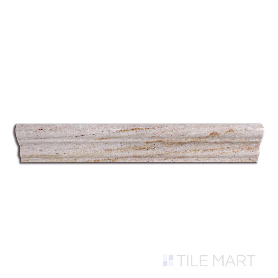 Flat lay of Sto-Re Ocean White 2.5X12 Polished Marble Chair Rail, emphasizing a bright, polished white marble trim with smooth, natural veining.