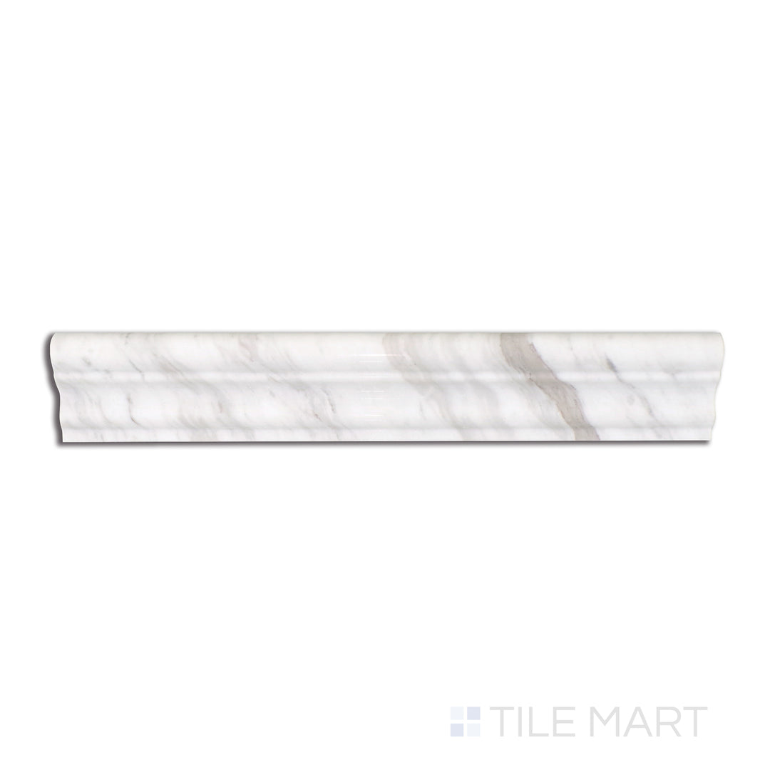 Aerial shot of Sto-Re Volakas 2.5X12 Polished Marble Chair Rail, highlighting its soft white tones with elegant grey veining in a polished finish.