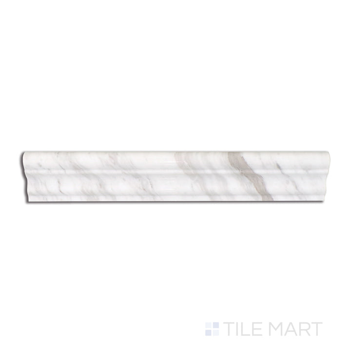 Aerial shot of Sto-Re Volakas 2.5X12 Polished Marble Chair Rail, highlighting its soft white tones with elegant grey veining in a polished finish.