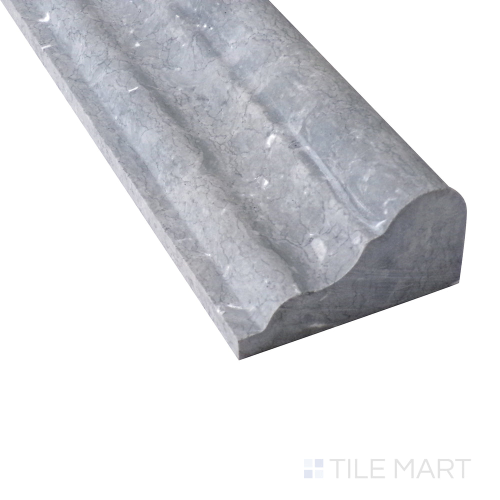 Stylish close-up of Sto-Re Wooden Blue 2.5X12 Polished Marble Chair Rail, adding a unique soft blue-gray elegance to walls.