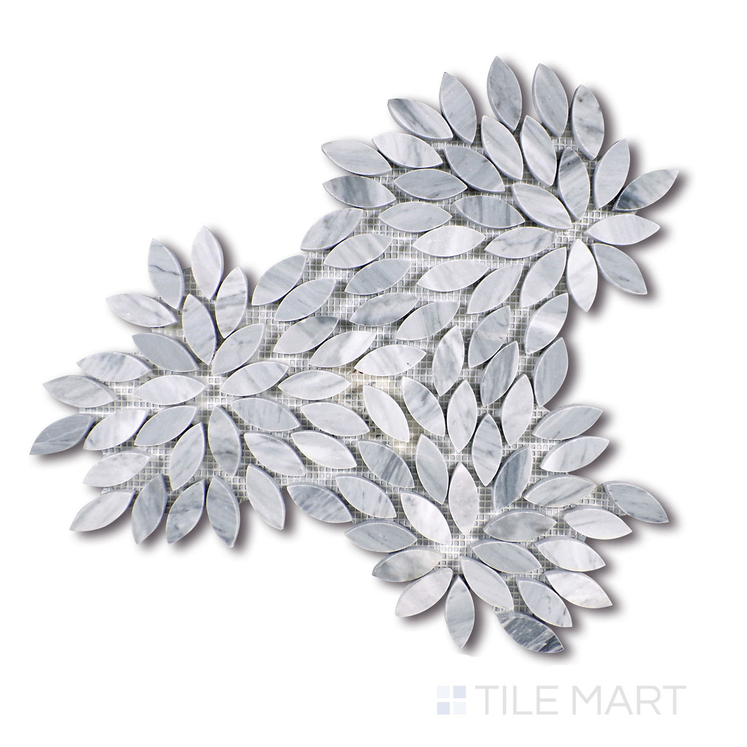 Overhead shot of Sto-Re Bardiglio Floral Polished Marble Mosaic, displaying an artistic floral pattern in polished grey marble for a decorative statement.