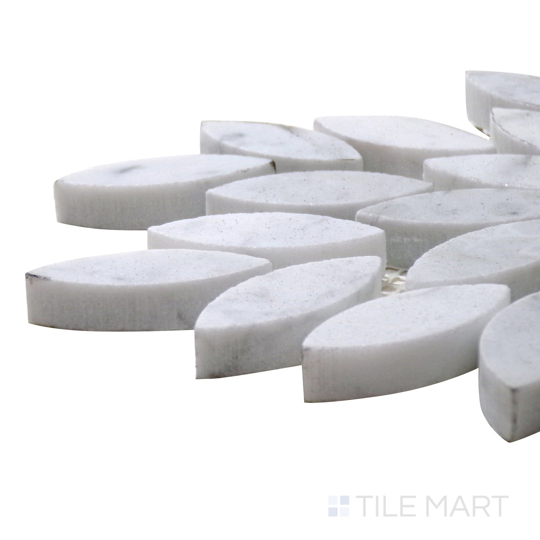 Angled close-up of Sto-Re Carrara Floral Polished Marble Mosaic, highlighting its soft white base with delicate veining arranged in an elegant floral motif.