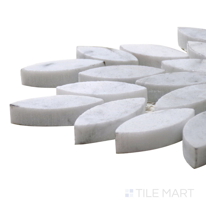 Angled close-up of Sto-Re Carrara Floral Polished Marble Mosaic, highlighting its soft white base with delicate veining arranged in an elegant floral motif.