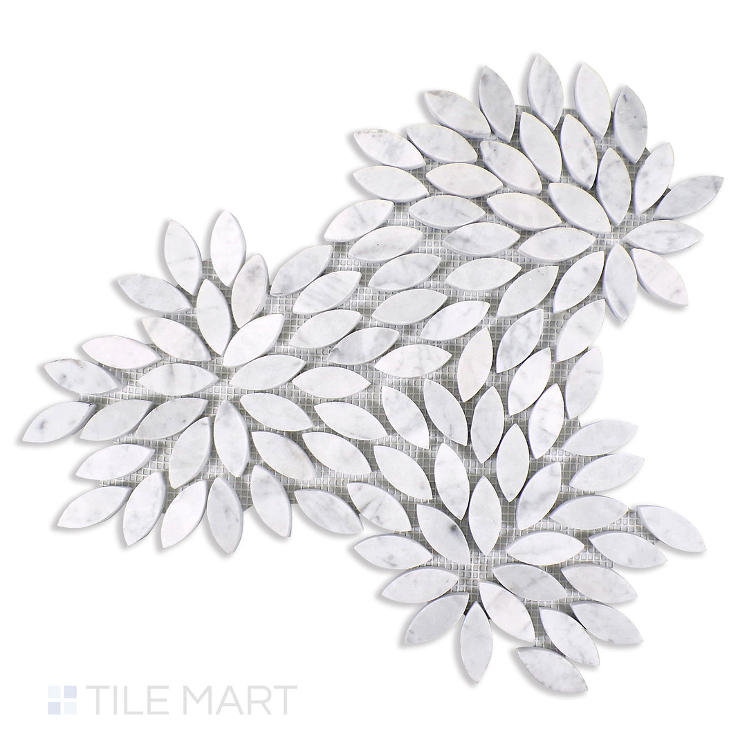 Flat lay of Sto-Re Carrara Floral Polished Marble Mosaic, highlighting a white marble mosaic with delicate floral-inspired designs for a classic look.
