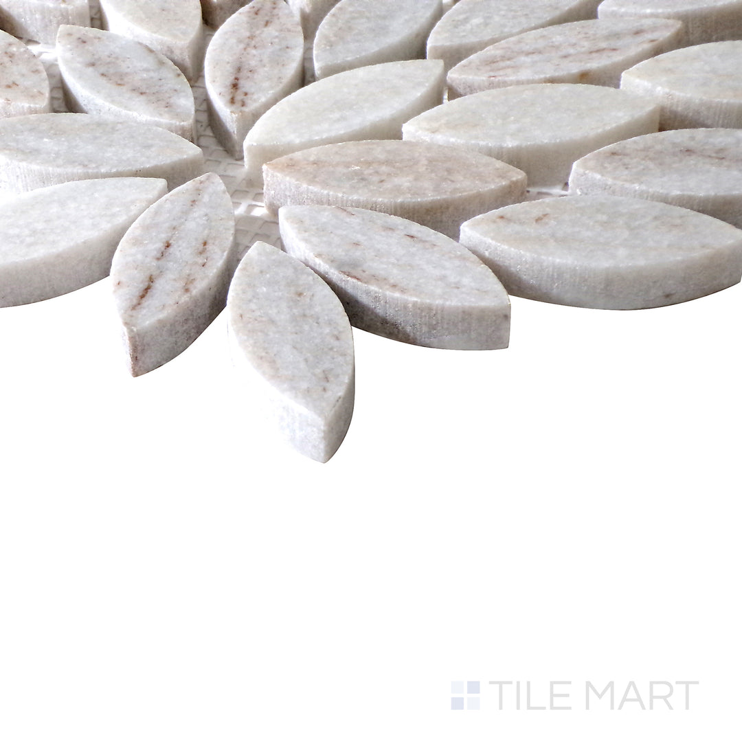 Slanted perspective of Sto-Re Ocean White floral polished marble mosaic, emphasizing its elegant veining, smooth texture, and detailed floral design.  