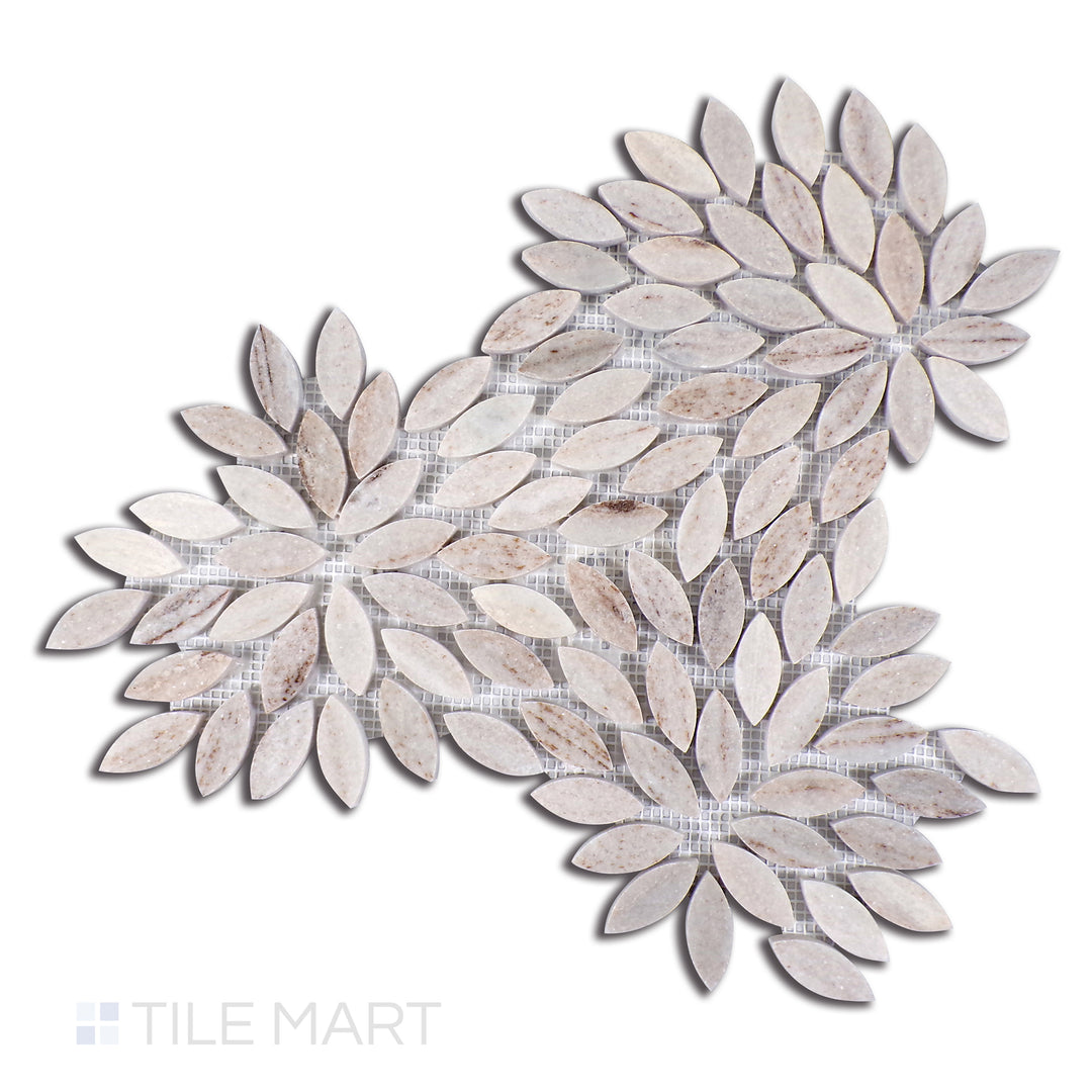 Aerial view of Sto-Re Ocean White Floral Polished Marble Mosaic, showcasing a bright white polished marble with a floral pattern for an elegant touch.