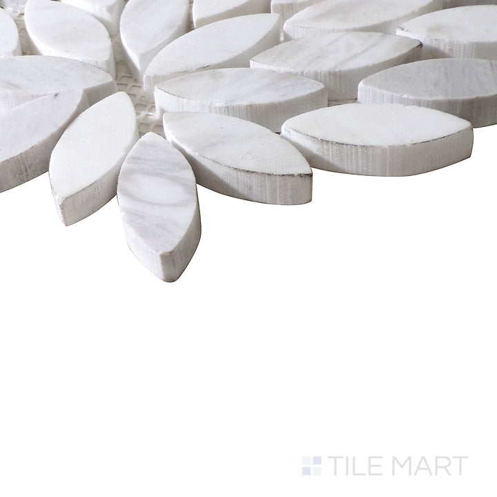 Diagonal view of Sto-Re Volakas floral polished marble mosaic, showcasing its graceful floral accents, polished finish, and natural stone variations.  