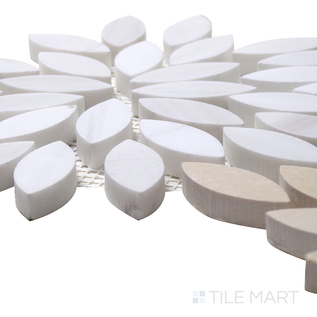 Corner shot of Sto-Re Mix D/G/W Floral Polished Marble Mosaic, showcasing its elegant floral pattern with a mix of dark, gray, and white marble pieces.