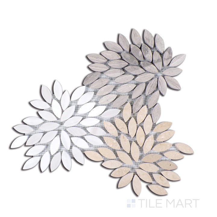 Close-up of Sto-Re Mix D/G/W Floral Polished Marble Mosaic, featuring a mix of Bardiglio, Carrara, and White marble in an elegant floral mosaic layout.