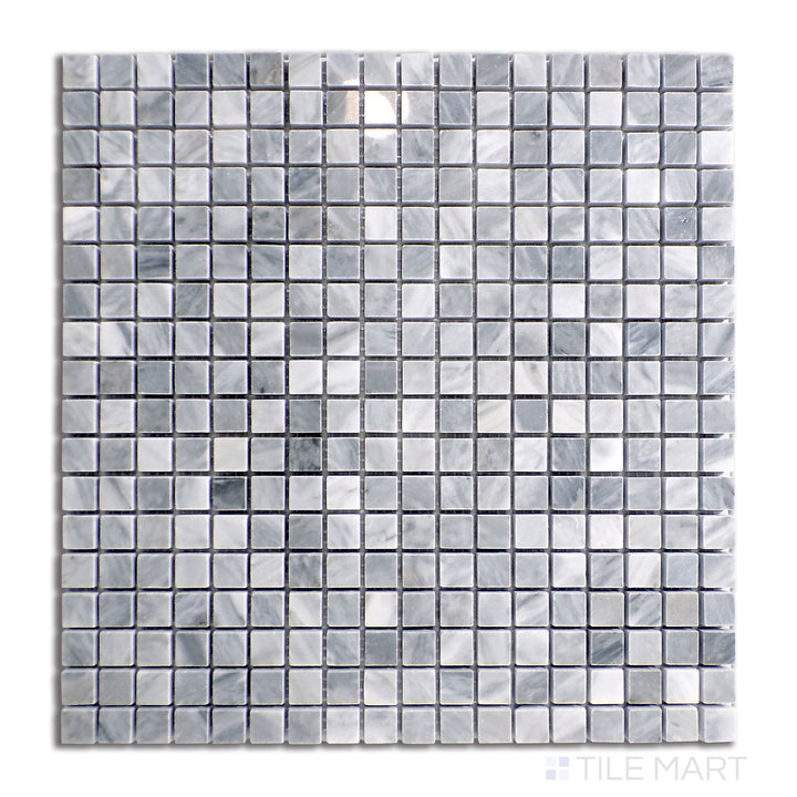 Overhead image of Sto-Re Bardiglio 5/8" Mini Square Polished Marble Mosaic, presenting small-scale polished grey marble squares with organic veining for a sophisticated touch.