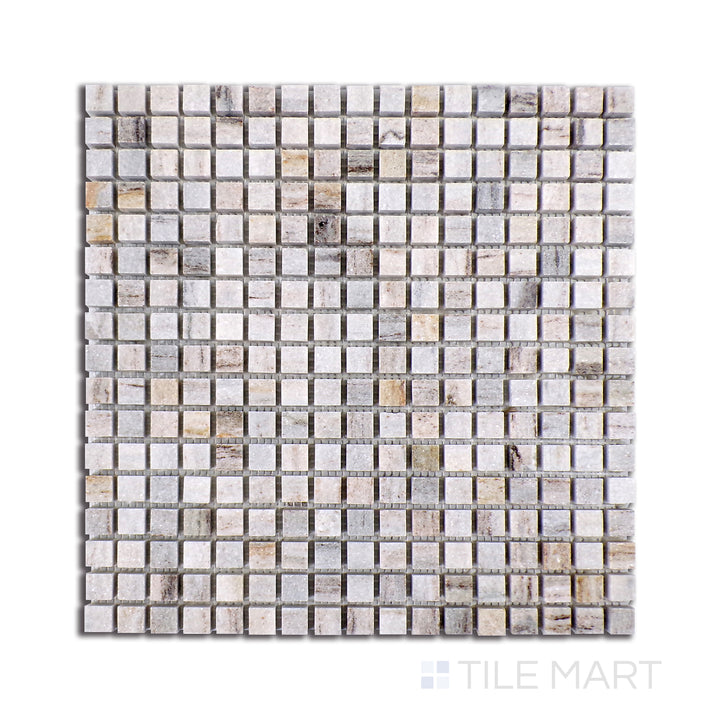 Overhead view of Sto-Re Ocean White 5/8" Mini Square Polished Marble Mosaic, showcasing bright white marble with subtle veining in a sleek, polished finish.