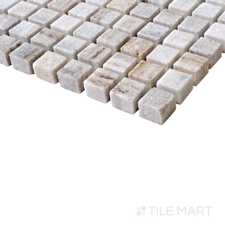 Diagonal perspective of Sto-Re Ocean White 5/8" mini square polished marble mosaic, showcasing its clean geometric layout, subtle veining, and polished sheen.  