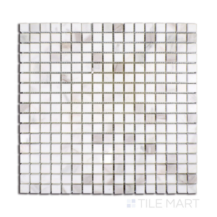 Top-down image of Sto-Re Volakas 5/8" Mini Square Polished Marble Mosaic, featuring soft white marble with gentle grey veining in a refined mini square pattern.