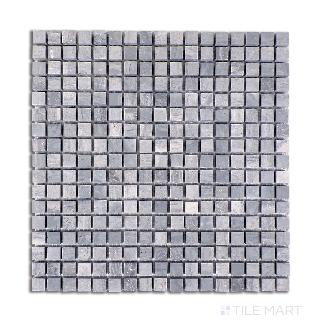 Flat lay of Sto-Re Wooden Blue 5/8" Mini Square Polished Marble Mosaic, presenting a striking blue-grey marble with polished mini square tiles.