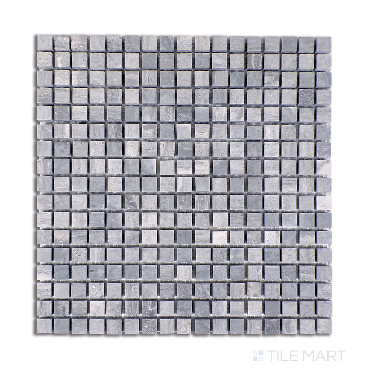 Flat lay of Sto-Re Wooden Blue 5/8" Mini Square Polished Marble Mosaic, presenting a striking blue-grey marble with polished mini square tiles.