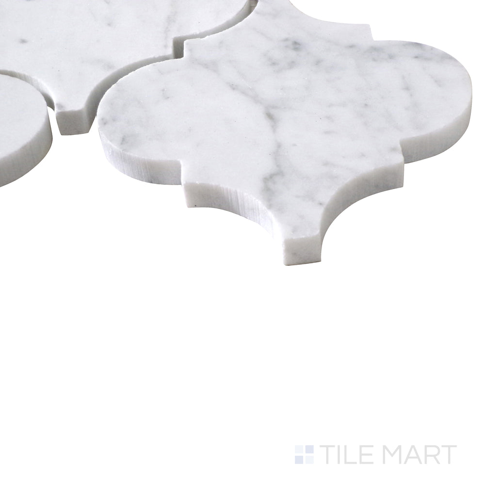 Angled view of Sto-Re Carrara Arabesque polished marble mosaic, featuring its sophisticated arabesque patterns, soft white tones, and