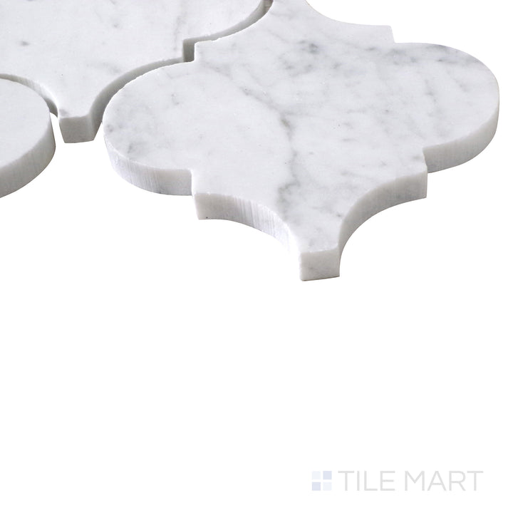 Angled view of Sto-Re Carrara Arabesque polished marble mosaic, featuring its sophisticated arabesque patterns, soft white tones, and