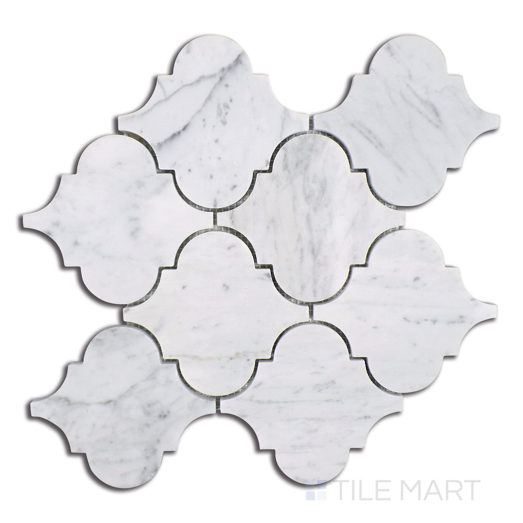 Overhead shot of Sto-Re Carrara Arabesque Polished Marble Mosaic, displaying elegant white Carrara marble in a graceful arabesque pattern with a polished surface.