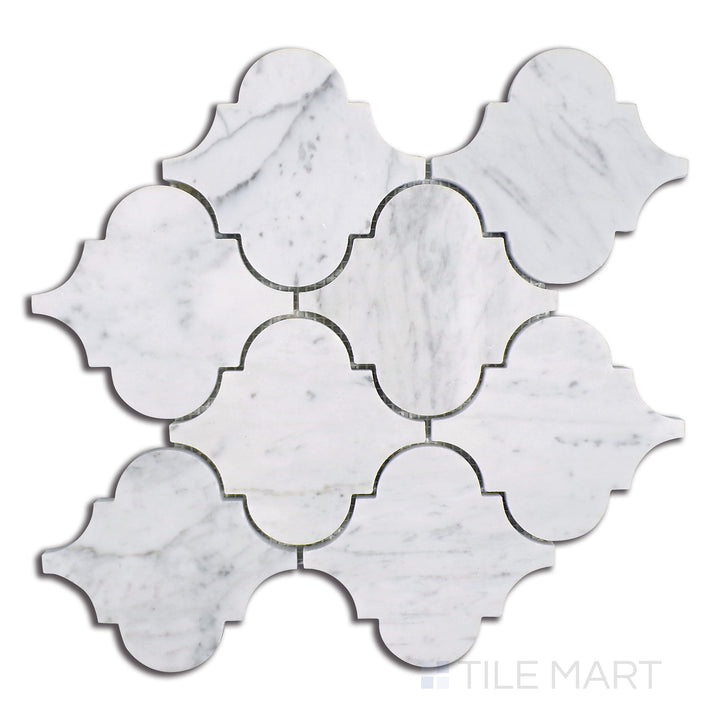 Overhead shot of Sto-Re Carrara Arabesque Polished Marble Mosaic, displaying elegant white Carrara marble in a graceful arabesque pattern with a polished surface.