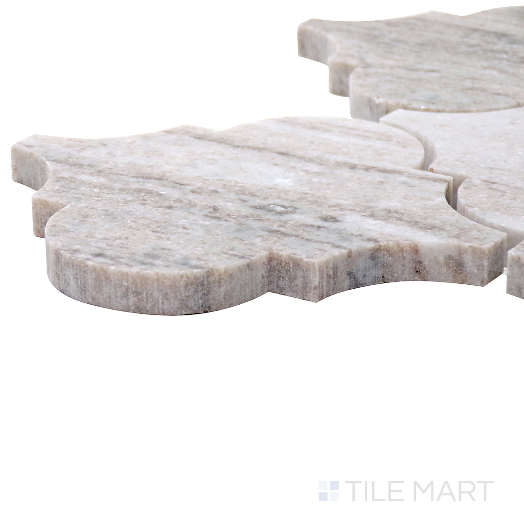 Corner-focused view of Sto-Re Ocean White Arabesque Polished Marble Mosaic, highlighting its polished white marble with elegant curved shapes.