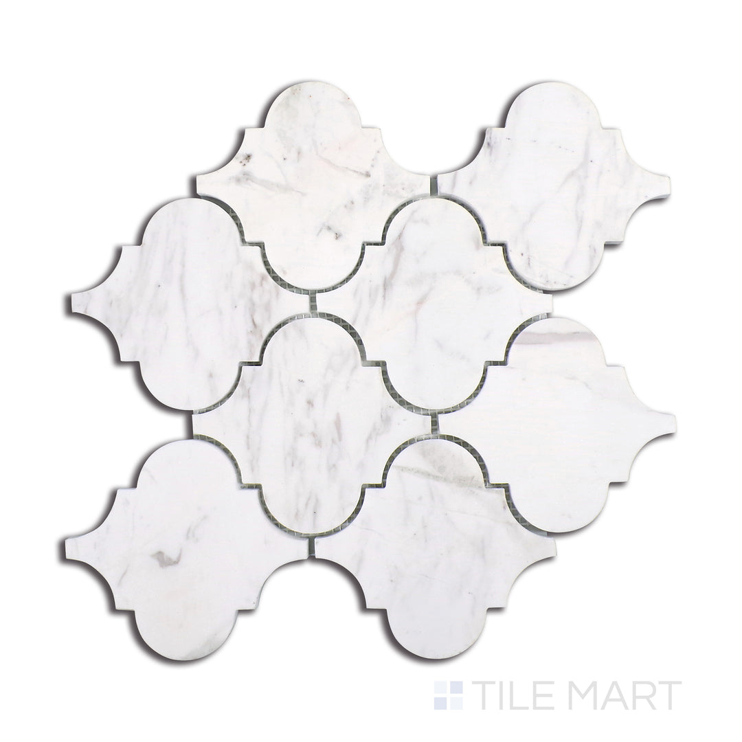 Aerial perspective of Sto-Re Volakas Arabesque Polished Marble Mosaic, showcasing a delicate blend of white and grey veined marble in an intricate arabesque layout.