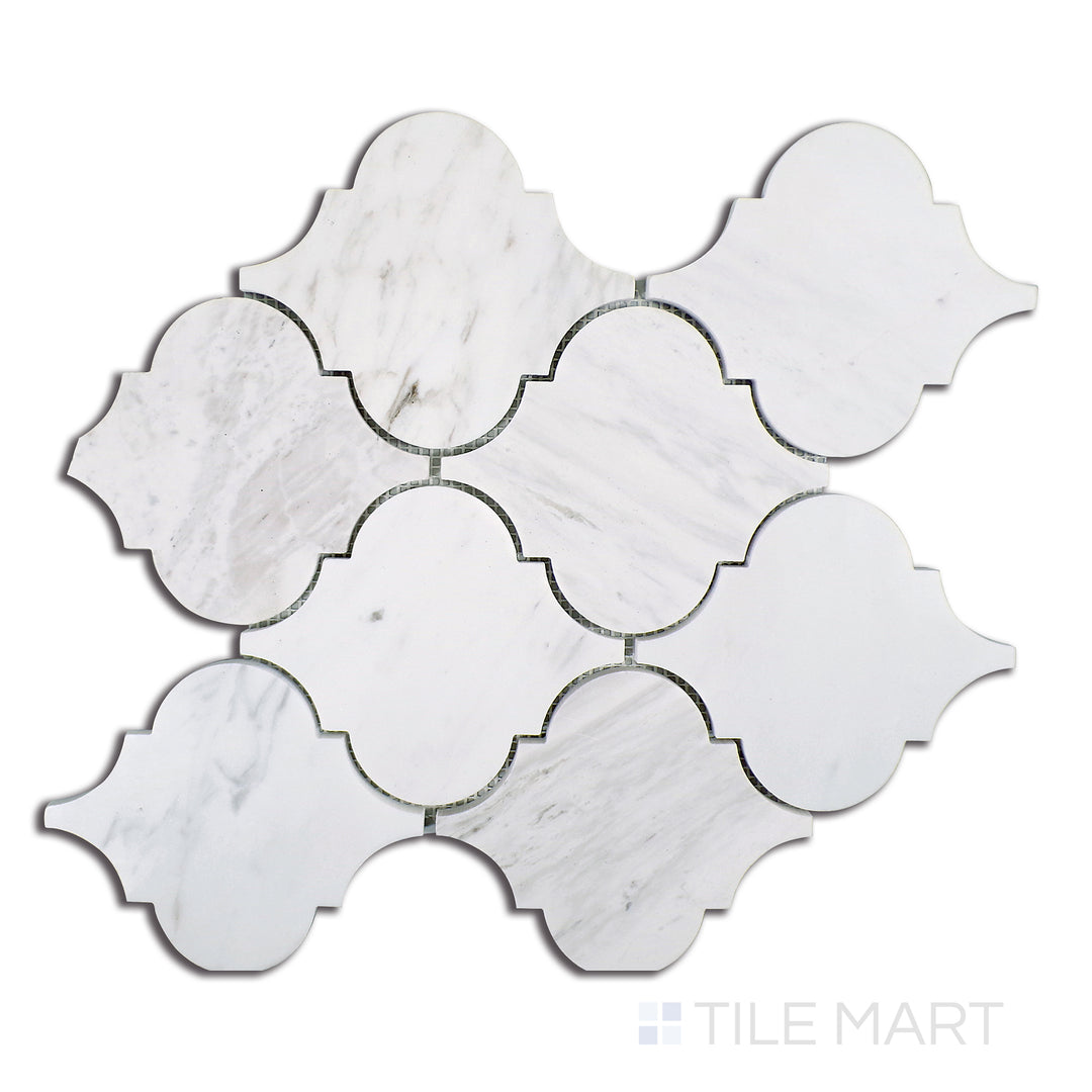 Top-down view of Sto-Re Carrara Arabesque Polished Marble Mosaic, emphasizing polished white marble with flowing arabesque curves for a sophisticated appeal.