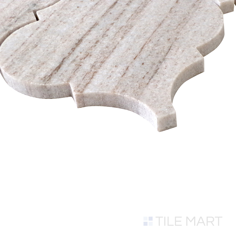 Angled view of Sto-Re Ocean White Arabesque polished marble mosaic, showcasing its intricate curved patterns, smooth surface, and refined veining.  