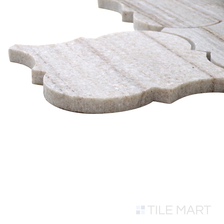 Angled view of Sto-Re Ocean White Arabesque Polished Marble Mosaic, displaying its smooth, polished marble with delicate, wavy arabesque forms.