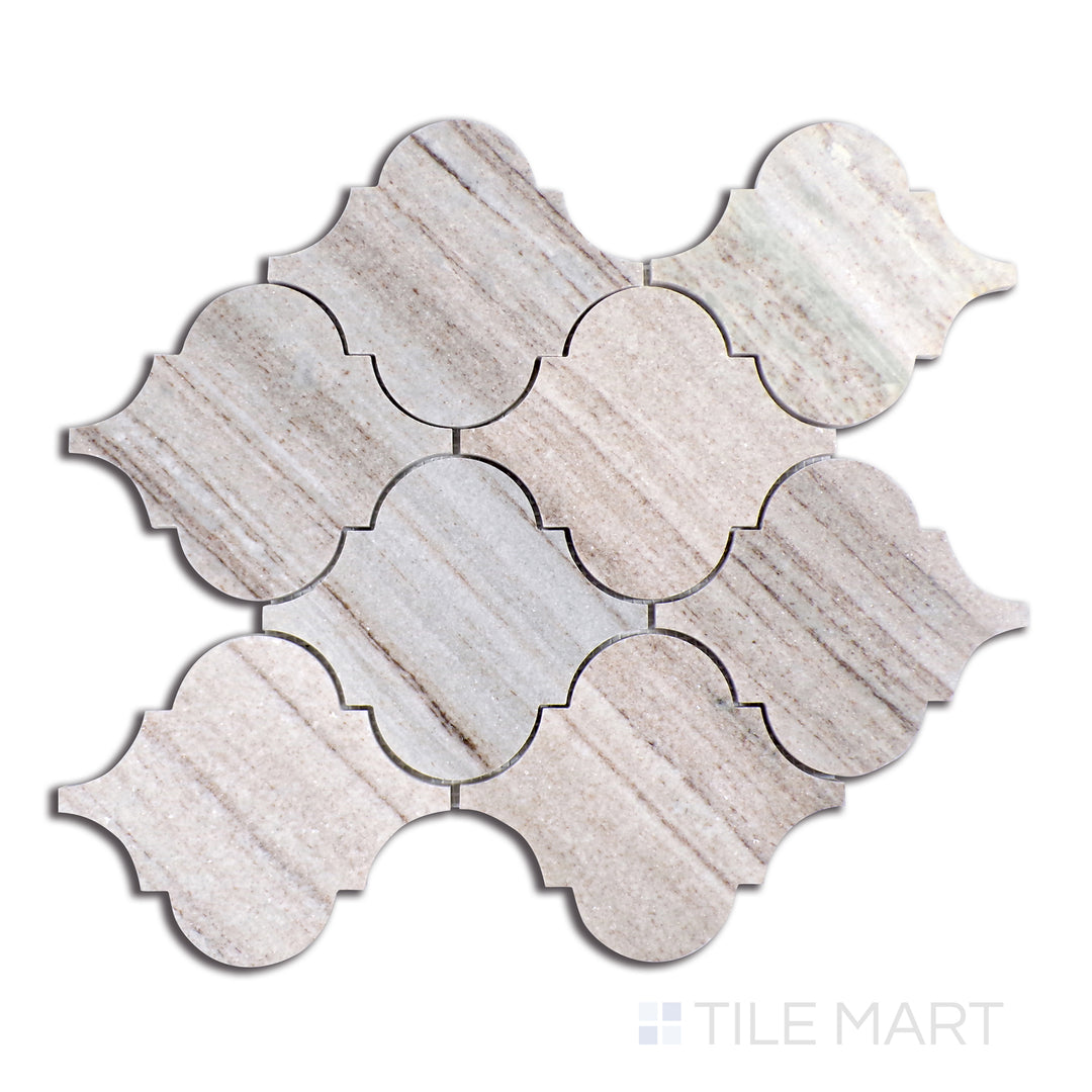 Overhead image of Sto-Re Ocean White Arabesque Polished Marble Mosaic, highlighting a crisp white marble design with delicate movement in its arabesque shape.