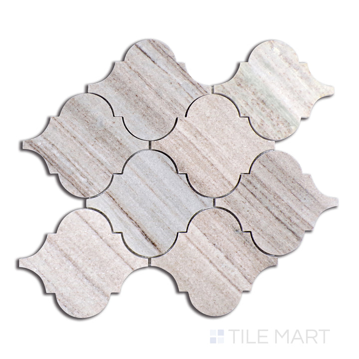 Overhead image of Sto-Re Ocean White Arabesque Polished Marble Mosaic, highlighting a crisp white marble design with delicate movement in its arabesque shape.