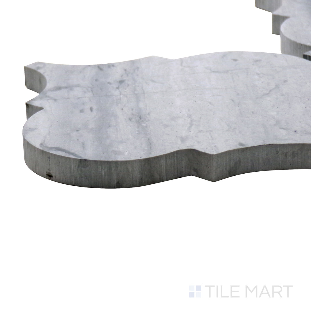 Side angle of Sto-Re Wooden Blue Arabesque Polished Marble Mosaic, showcasing its subtle blue-gray hues with an eye-catching, polished arabesque pattern.