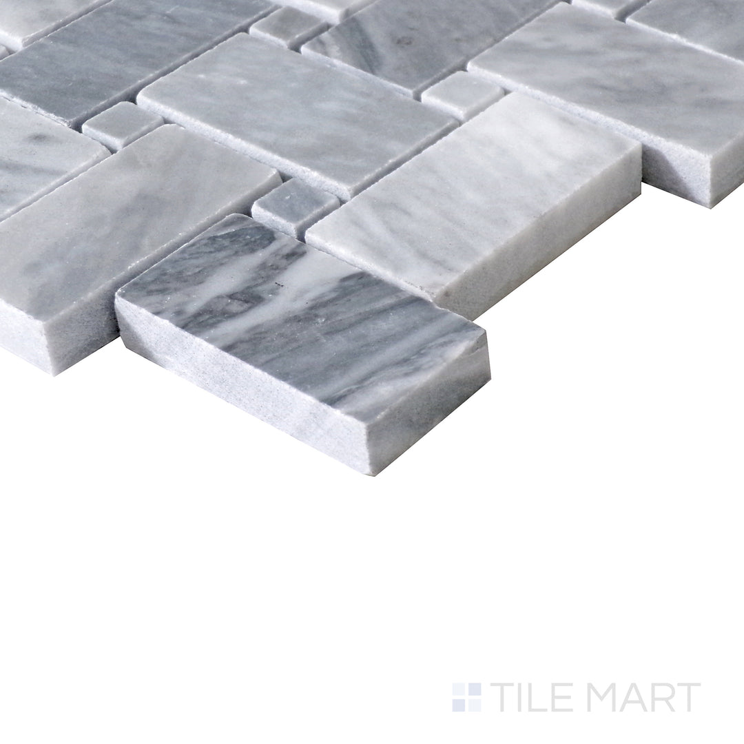 Angled shot of Sto-Re Bardiglio with Bardiglio Dot Basketweave polished marble mosaic, featuring a balanced pattern of basketweave design with matching Bardiglio dots.  