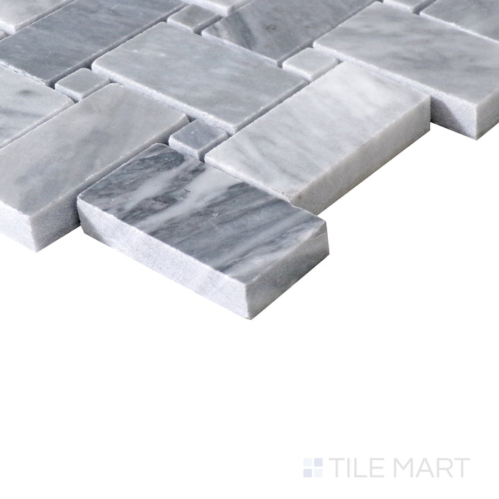 Angled shot of Sto-Re Bardiglio with Bardiglio Dot Basketweave polished marble mosaic, featuring a balanced pattern of basketweave design with matching Bardiglio dots.  