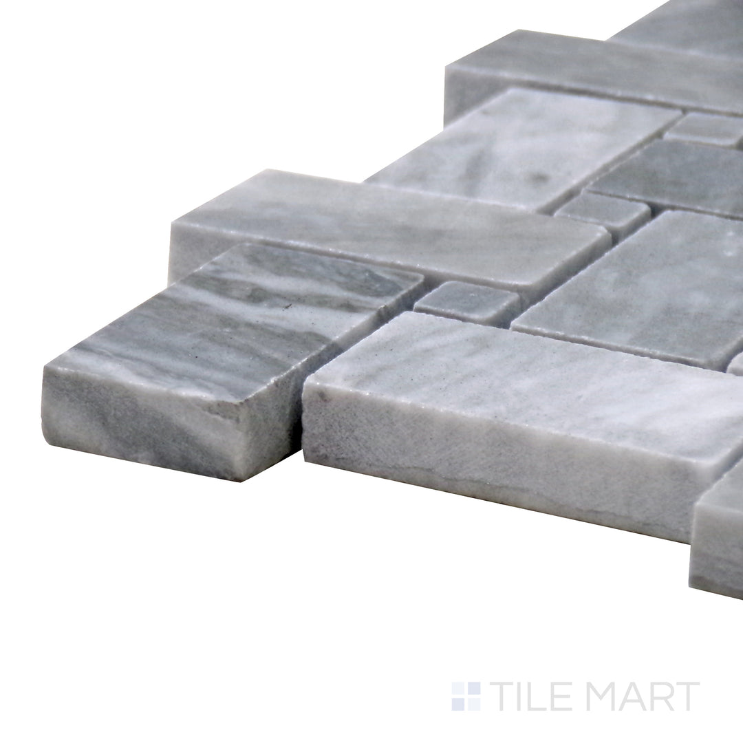 Corner shot of Sto-Re Bardiglio W/ Bardiglio Dot Basketweave Polished Marble Mosaic, highlighting its geometric basketweave pattern with deep gray Bardiglio marble.