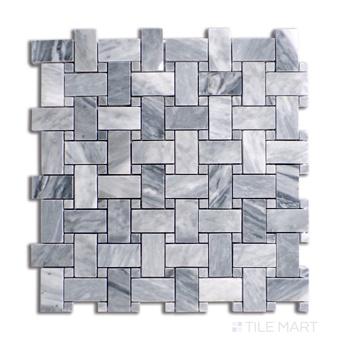Overhead shot of Sto-Re Bardiglio W/ Bardiglio Dot Basketweave Polished Marble Mosaic, presenting interwoven grey marble strips accented by darker Bardiglio dots.