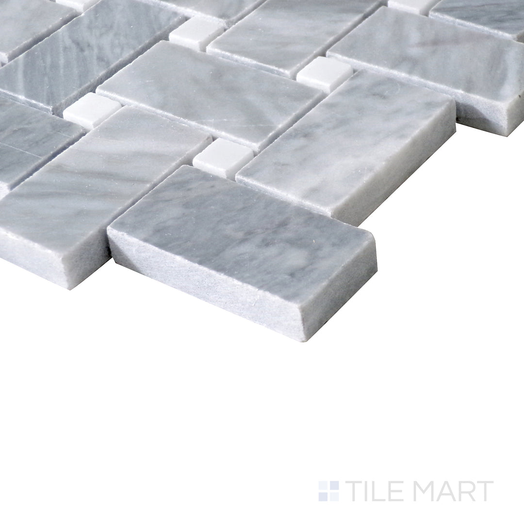 Diagonal view of Sto-Re Bardiglio with Carrara Dot Basketweave polished marble mosaic, showcasing a striking contrast between Bardiglio tiles and Carrara accent dots.  