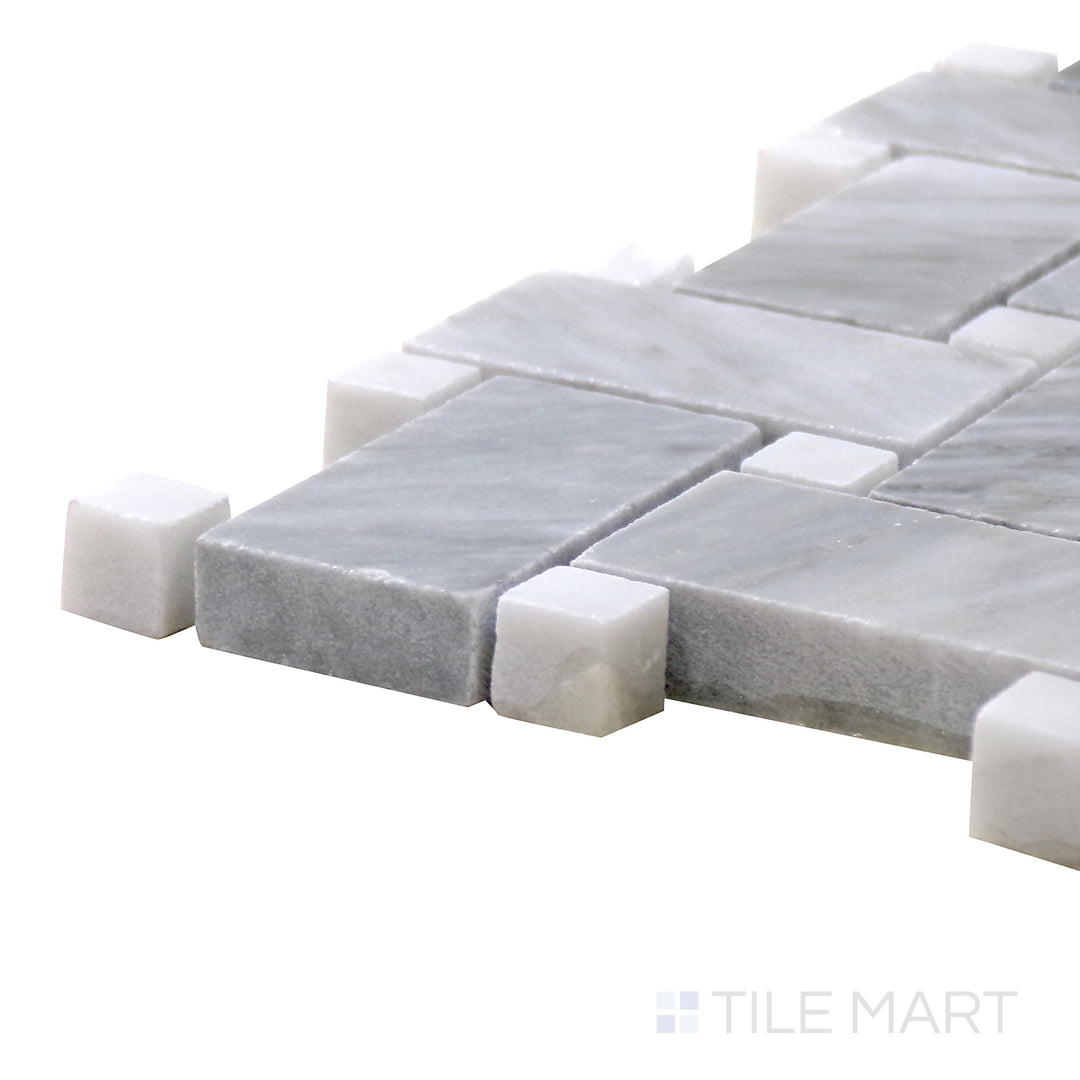 Angled perspective of Sto-Re Bardiglio W/ Carrara Dot Basketweave Polished Marble Mosaic, featuring a striking mix of gray Bardiglio and crisp white Carrara dots.