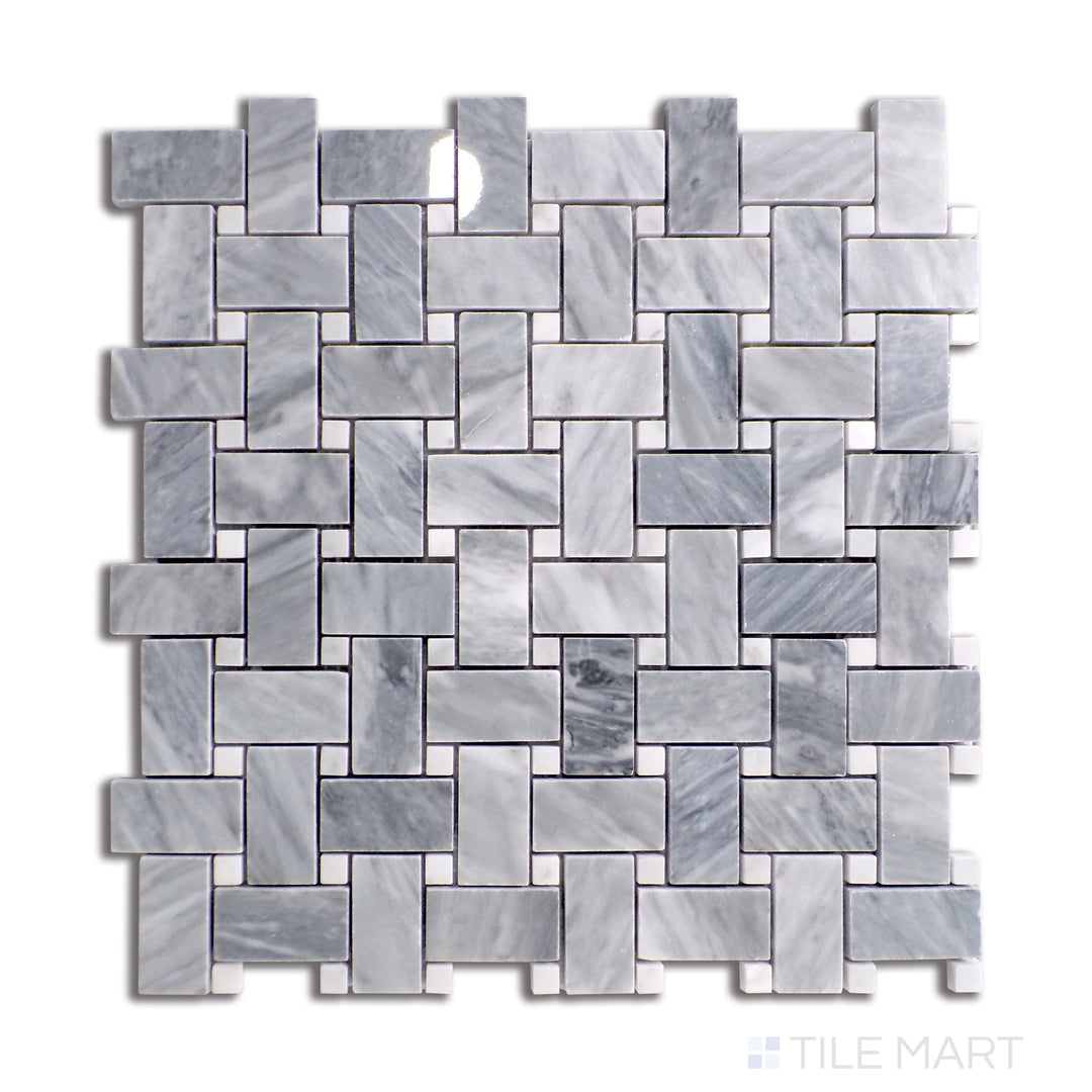Aerial view of Sto-Re Bardiglio W/ Carrara Dot Basketweave Polished Marble Mosaic, blending soft grey Bardiglio marble with classic white Carrara dots in a woven pattern.