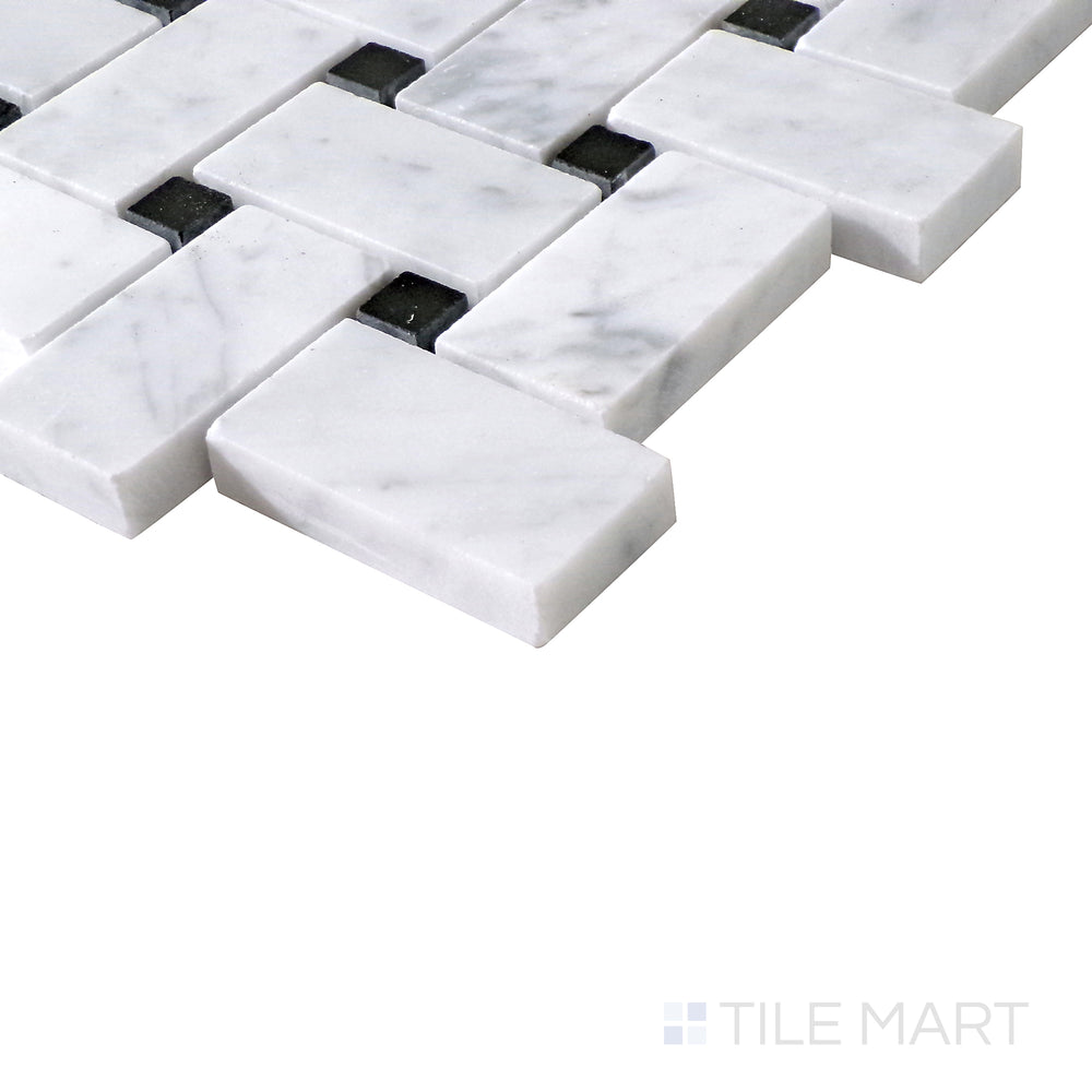 Slanted angle of Sto-Re Carrara with Black Dot Basketweave polished marble mosaic, highlighting the elegant interplay between classic Carrara marble and bold black dots.  
