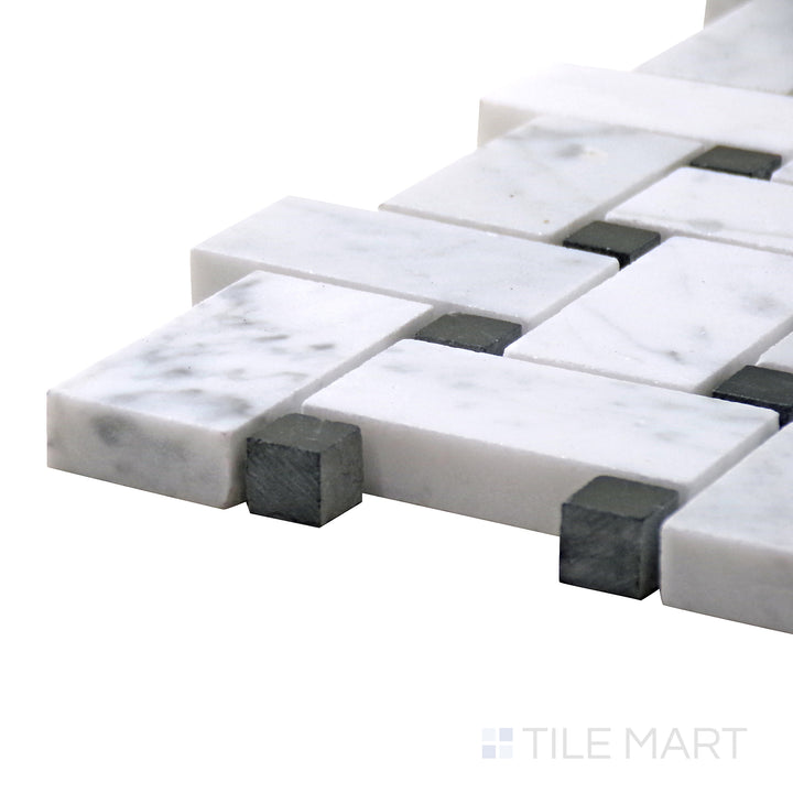 Corner shot of Sto-Re Carrara W/ Black Dot Basketweave Polished Marble Mosaic, featuring a classic white Carrara marble with contrasting black dots for a bold geometric look.