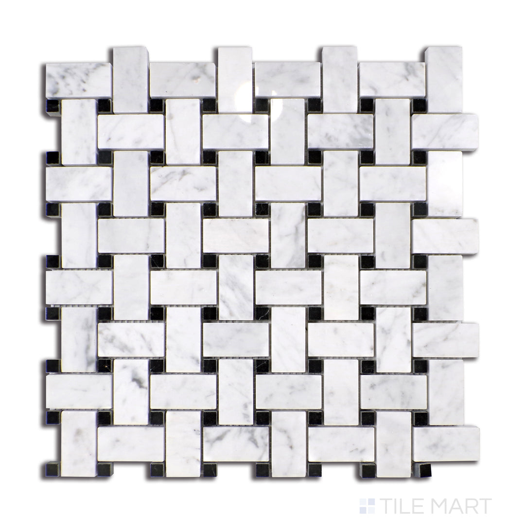 Top-down image of Sto-Re Carrara W/ Black Dot Basketweave Polished Marble Mosaic, featuring classic white Carrara marble accented with bold black dots in a basketweave layout.